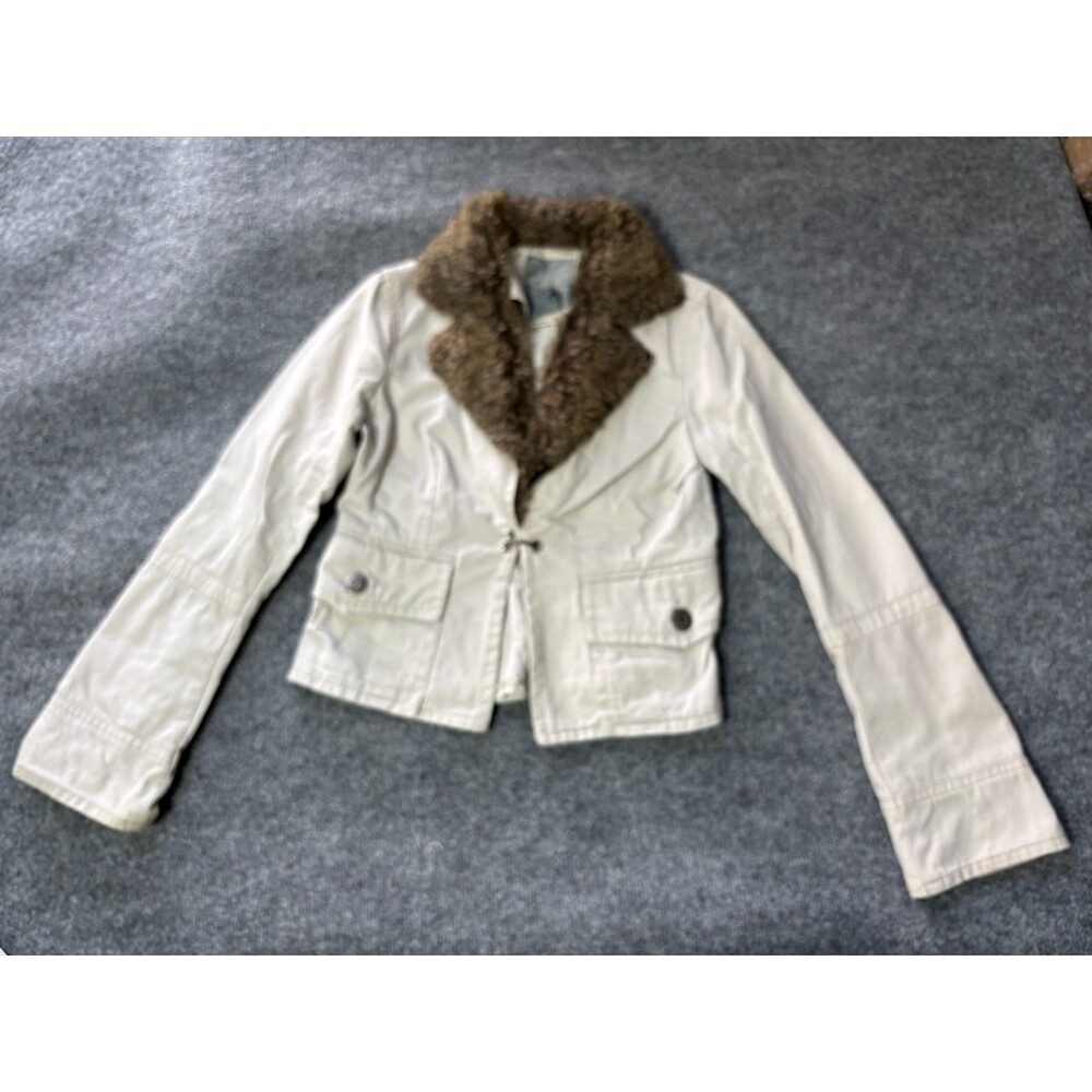 BB Dakota Jacket Womens Small Vintage Beige Faux Fur Trim Cotton